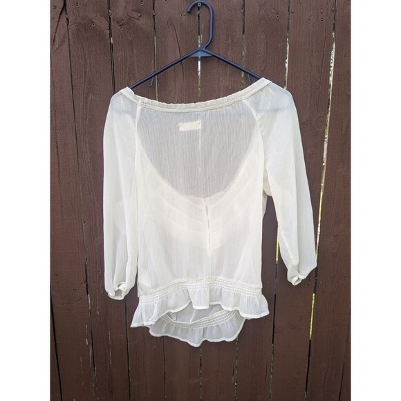 Hollister Sheer Ruffle Neck & Waist Peasant Top Size Small Boho Hippie 70s Yoke - Picture 2 of 7